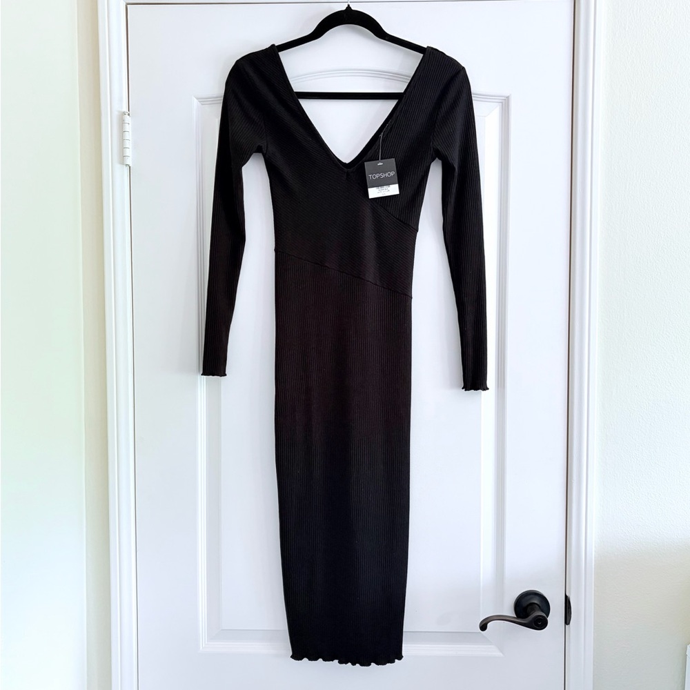 NWT New Topshop Black Ribbed Long Sleeve Maxi Dress Size 4